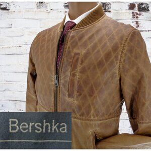 bershka Faux leather jacket Men Medium Brown Bomber jacket style Quilted pattern